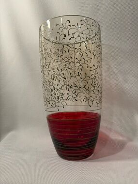 Ruby Red and Gold Scrolls Rioja vase about 11”.